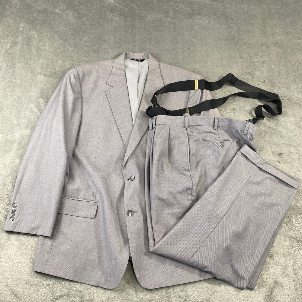 Jos. A. Bank Suit Set Men 48L Grey Pinstripe Cotton Wool Pleated Pants Suspender